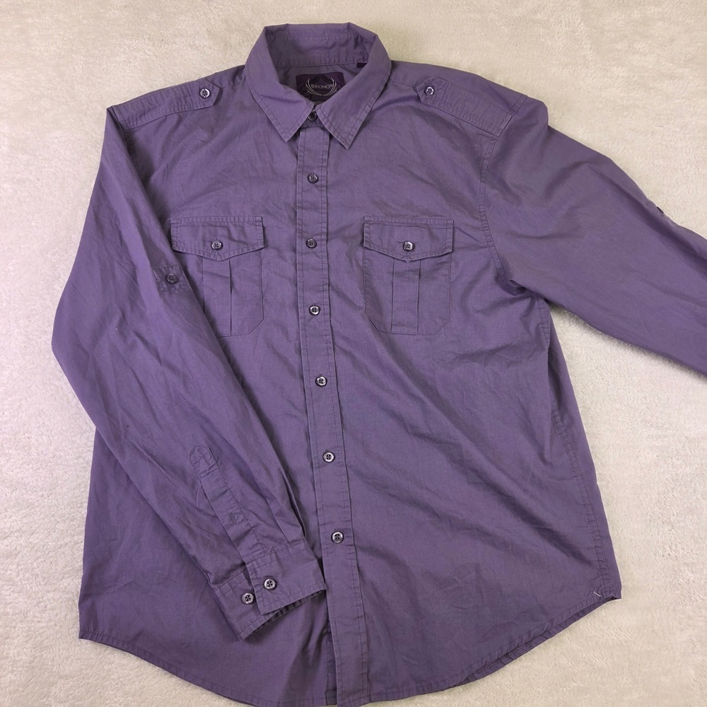 Bruno New York Mens Purple Utility Button Down Shirt Long Sleeve Epaulettes L